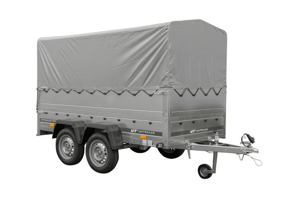 2 achs pkw anhänger unitrailer garden trailer 264/2 kipp mit stützrad, bordwandaufsatz, h 800 rahmen und grauer plane 2 achs pkw anhänger unitrailer garden trailer 264/2 kipp mit stützrad, bordwandaufsatz, h 800 rahmen und grauer plane