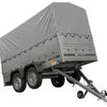 2 achs pkw anhänger unitrailer garden trailer 264/2 kipp mit stützrad, bordwandaufsatz, h 800 rahmen und grauer plane