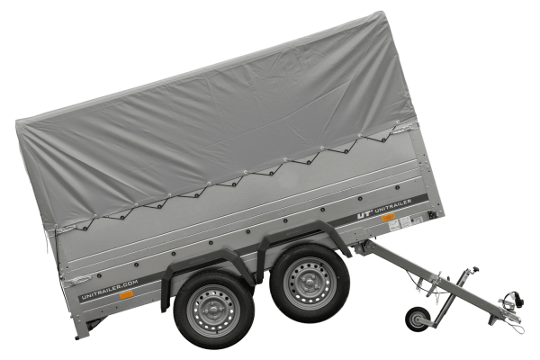 2 achs pkw anhänger unitrailer garden trailer 264/2 kipp mit stützrad, bordwandaufsatz, h 800 rahmen und grauer plane 2 achs pkw anhänger unitrailer garden trailer 264/2 kipp mit stützrad, bordwandaufsatz, h 800 rahmen und grauer plane