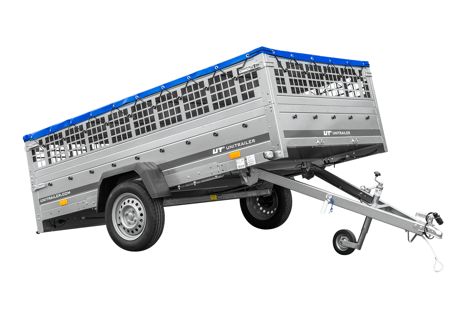 anhänger 264×150 unitrailer garden 265 kipp mit gitteraufsatz, flachplanenträgern und blauer plane anhänger 264×150 unitrailer garden 265 kipp mit gitteraufsatz, flachplanenträgern und blauer plane