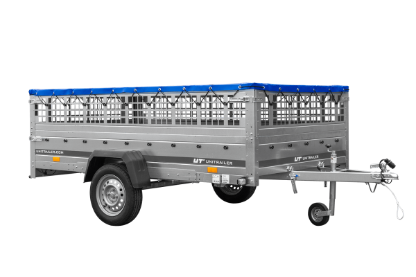 anhänger 264×150 unitrailer garden 265 kipp mit gitteraufsatz, flachplanenträgern und blauer plane anhänger 264×150 unitrailer garden 265 kipp mit gitteraufsatz, flachplanenträgern und blauer plane