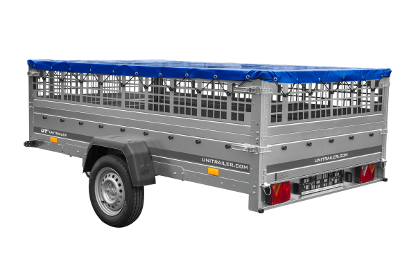 anhänger 264×150 unitrailer garden 265 kipp mit gitteraufsatz, flachplanenträgern und blauer plane anhänger 264×150 unitrailer garden 265 kipp mit gitteraufsatz, flachplanenträgern und blauer plane